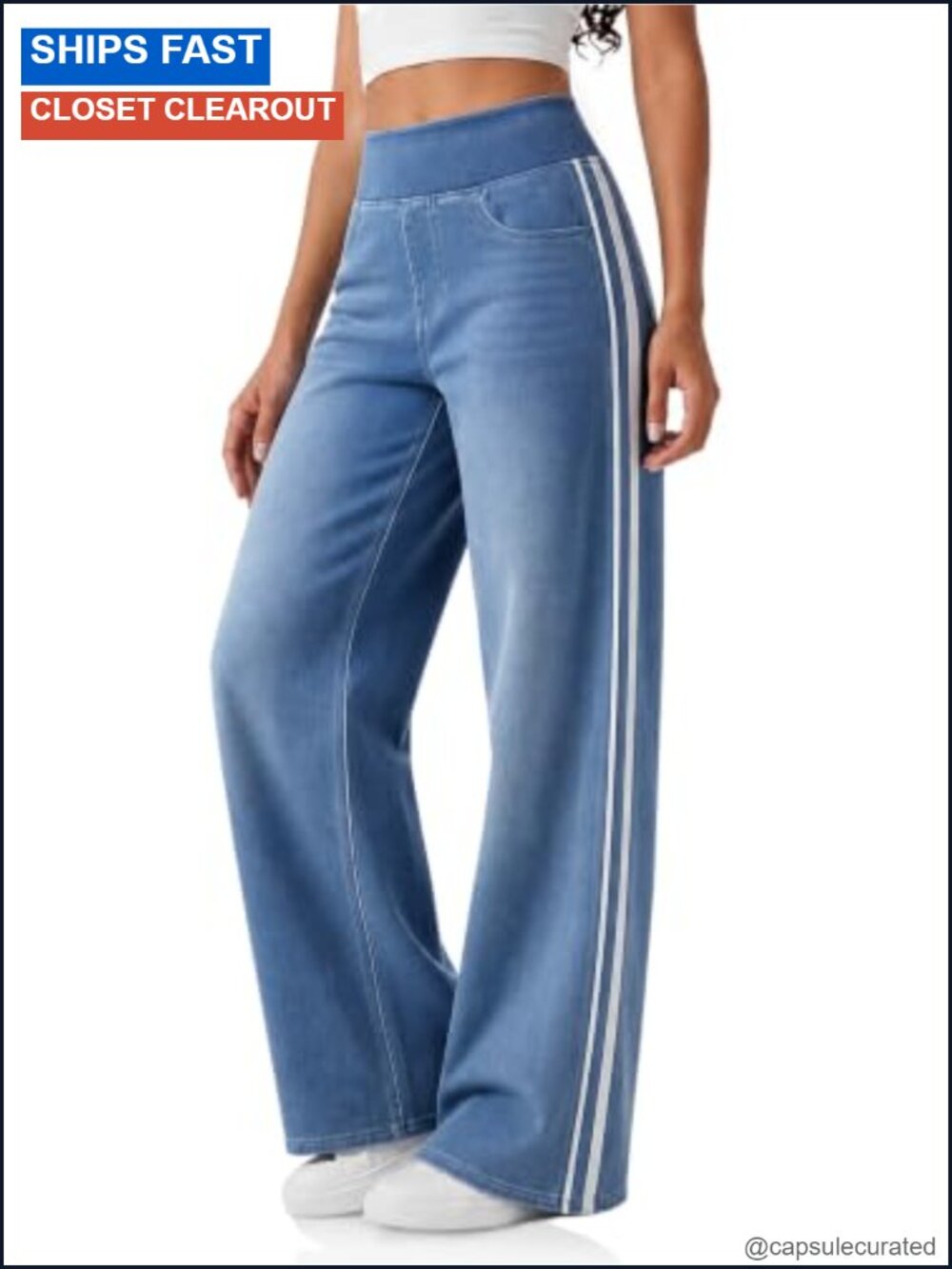 Women's Pull On Wide Leg Jeans High Rise Stretch Knit Denim